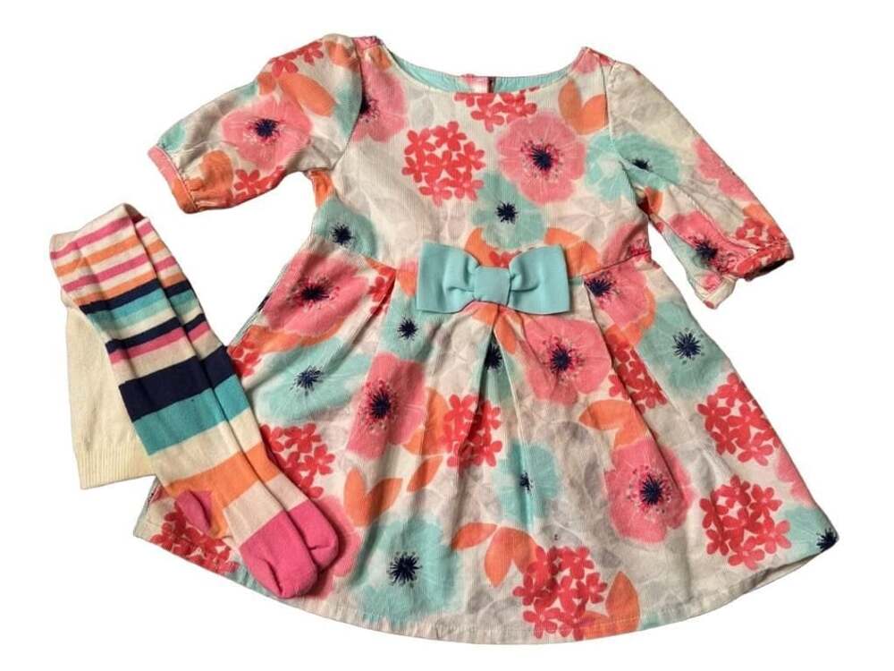 Gymboree Floral Corduroy Dress with Bow and socks 12-18 Months h1379